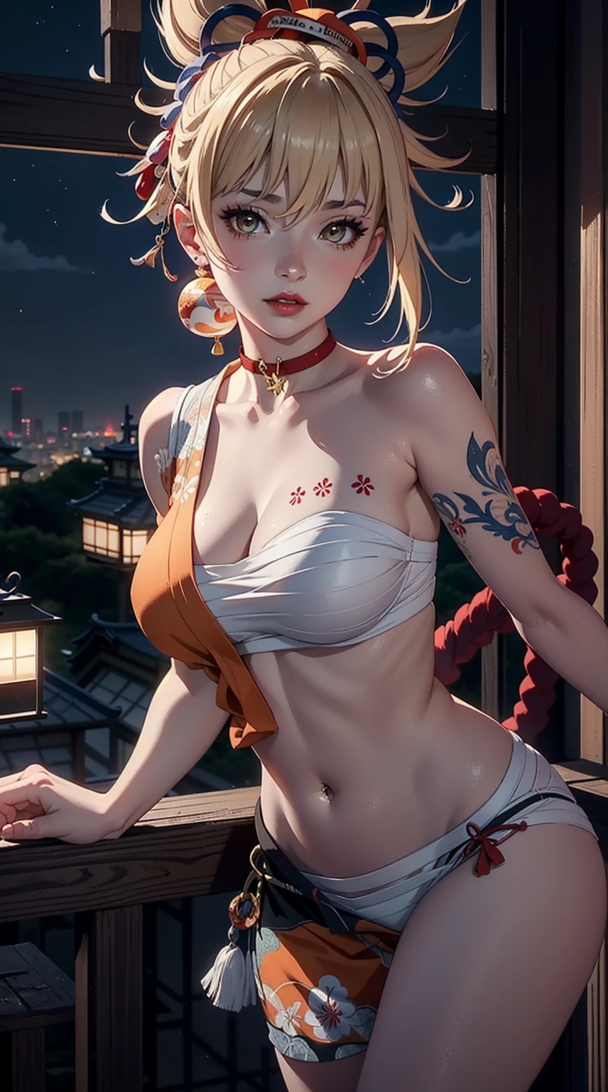 ((masterpiece)),(bestquality),((ultra-detailed)), ((beautiful detailed sky)), ((cinematic lighting)), depth of field, (dynamic angle),detailed lighting,(beautiful detailed eyes), ((japan night view)),red lip, eyeshadow,large breast, (erotic), ((sexy)), cleavage, navel, exposed armpits, (yoimiyadef, yoimiyarnd)