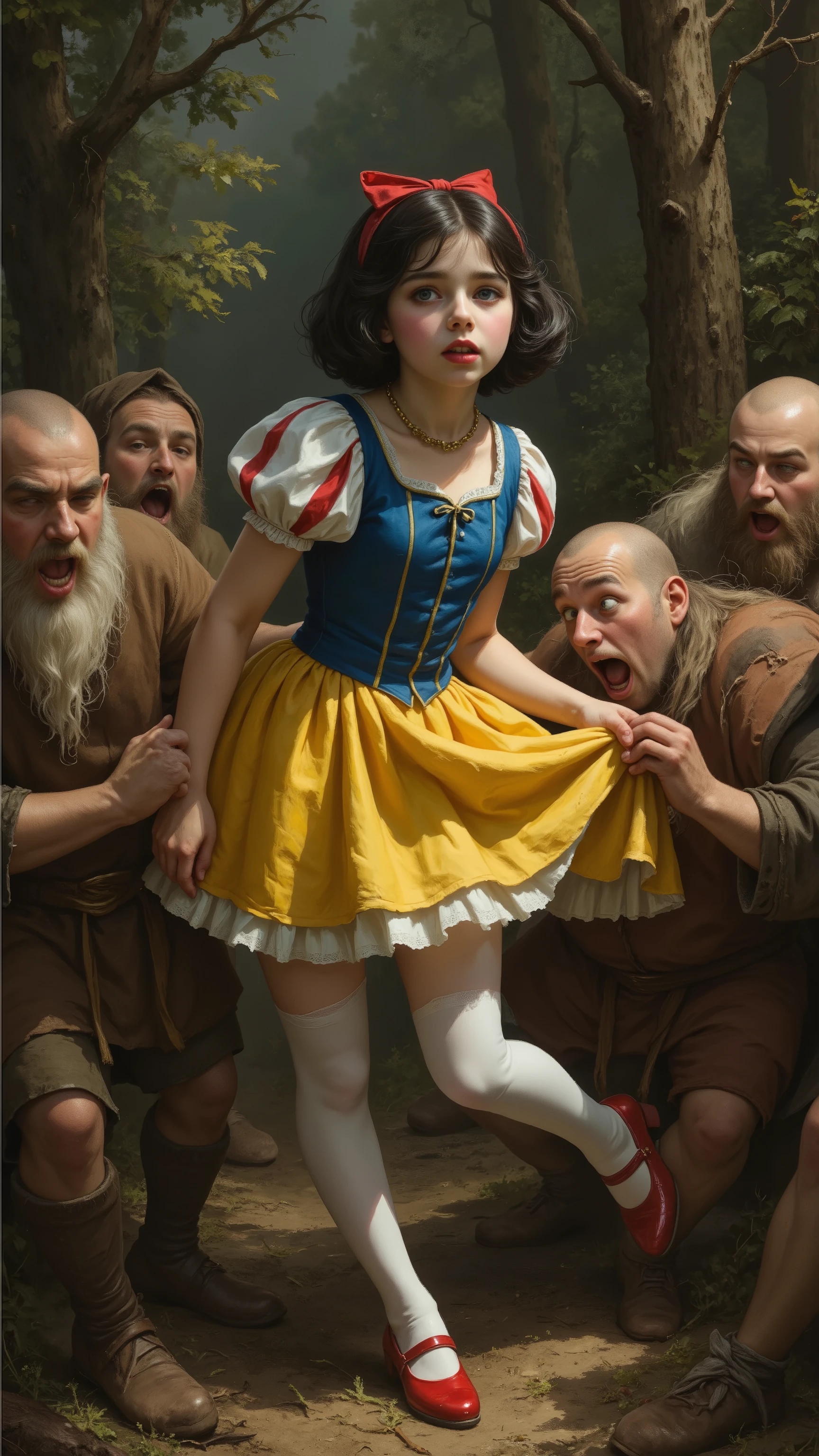 Snow White is left deep in the forest and captured by savage dwarves,
((NSFW)),
rmbt,
18th century,
1 girl, 7 guys,
Young Snow White,
Black bob hair with red ribbon,
Blue bodice and yellow mini skirt with white tights and red patent leather shoes,
Snow White is frightened,
Snow White is attacked by savage dwarves,
(The dwarves' goal is to rape Snow White),
Snow White desperately tries to escape from the dwarves,
The dwarves' hands reach out to Snow White and tear her dress,