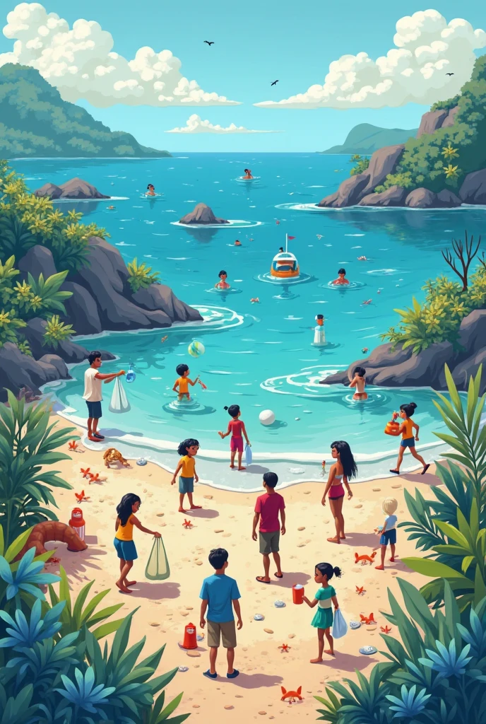 oil paint, on the beach in summer thailand, with a Songkran festival celebration, many people enjoying play water gun with other people, thai outfit, , teenage, adult