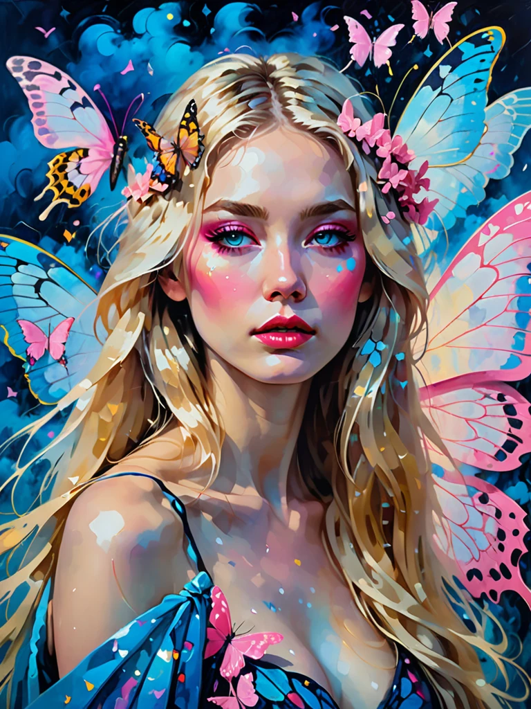 surreal psychedelic painting, a beautiful catgirl in a dream of butterflies, style of Hannah Yata