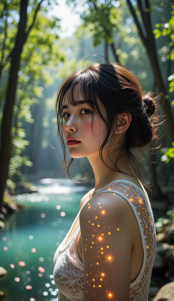 tmasterpiece,Best quality at best,Extremely beautiful reflection,The best reflections。(Very detailed CG unity 8k wallpaper),(Best quality at best),(The best illustrations),(The best shadow),girl,silkouette,MuCoi,Delicate makeup,Quiet Jiangnan water town,Supai architecture,Beautiful roses,quiet streams,Glowing small mushrooms,surrounded by exquisite leaves and branches,There are also fireflies and glowing particle effects,,(nature elements),(Jungle theme),(foliage),(tree branch),(glowworm),butterflys,(exquisite leaves),(with light glowing),(particle effect)。 , isometric 3D, Octane rendering, Ray traching, ultra-detailliert