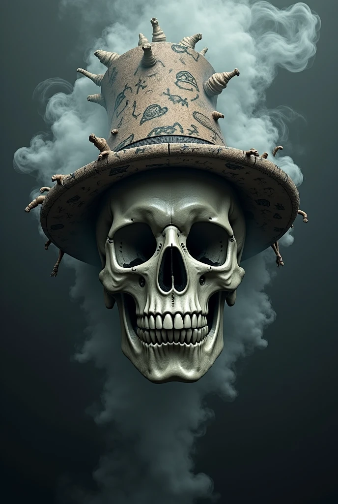 Realistic scary skull above written MUGIWARAS in 3d Luffy's straw hat on the skull, like Zoro's katanas crossed on the skull with the YouTube and TikTok logos on the sides of the skull with a jaw