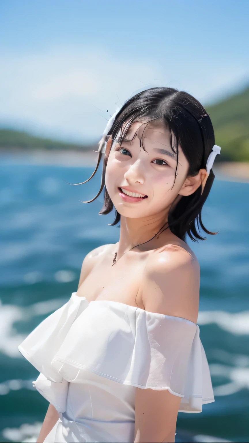 (1 girl, alone, Japanese Girls), ,best quality, table top, 8k, high resolution, very well detailed, ( portrait), think, black hair, short hair, hair clips, shiny skin, flat chest, smile, ( middle school students:1.5, uniform, white off-the-shoulder dress:1.5), summer, blue sky, thunder head, ocean,Wet Shirts、( your face is covered with semen:1.9、Cum Covered Hair:1.2)、 belly at 10 months pregnant、is standing、maritime、white skin、ahe face、In the Hawaiian ocean、lies down、White teeth、