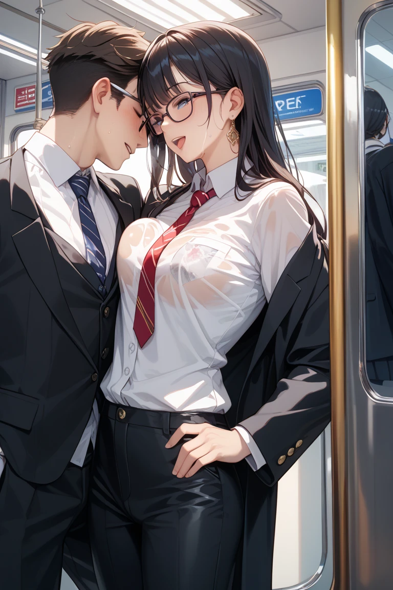 （（super high quality,））（（Ultra-high resolution,））（16K,）（super masterpiece,）（（Ultra HD ,））（Detailed shading,）（Western-style room at dim night,）One sexy mother,One young boy,The boy hugged her waist from the side,（Put your mouth on the nipple,）（（popped Tight collar White shirts,））Folded sleeves,Unbutton the third button,（The lower half is only underwear,）（Put your hands on your head,）Open your legs a little,Glasses,blush,Ahegao,necklace,wedding ring,Sweaty,Love juice,