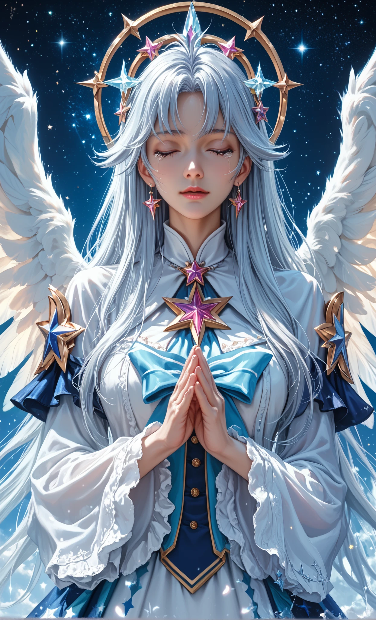 Angel wings turn into feathers and fall,Eyes closed ,Tears in laughter,Praying with your hands,(裙子由crystal製成:1.5),crystal顏色的翅膀,Amazing Results,,best quality,masterpiece,Ultra High Resolution,Detailed,8K resolution,chiaroscuro,masterpiece,(( Shining Star )),crystal,Silver White Long Hair, starry sky background,Detailed身體部位細節, 8k Wallpaper,