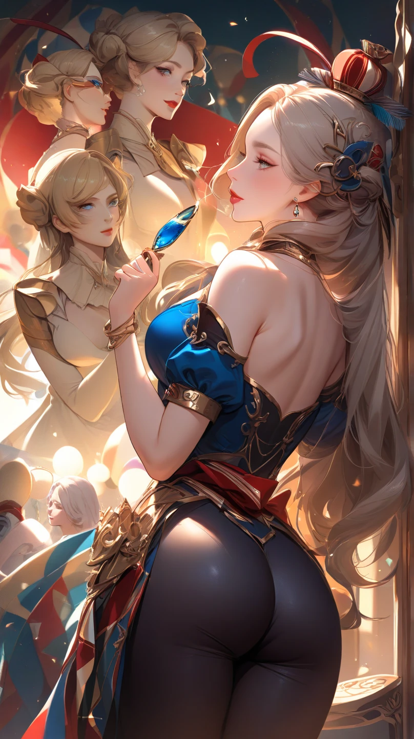 (obra maestra、highest qualityr、Detalles intrincados、El ultra-detallado、Ultra calidad、high resolusion、Las mejores sombras、The best lighting、4k)　　Once palabras clave:　El cabello es dorado　Beautiful blonde Longevity and immortality Beautiful figure Outstanding skills Harmony with nature Noble culture Ancient races Fantasy works Role-playing games Beauty and elegance Dark wizard girl Magical talent　Hembras　　una chica de belleza　mistic　Criaturas ficticias　Vestidos transparentes antiguos　The buttocks are seen through　a cuatro patas　emphasis on the buttocks　Sit with a beautiful back　Looking back. Dark magician girl en un paisaje chino