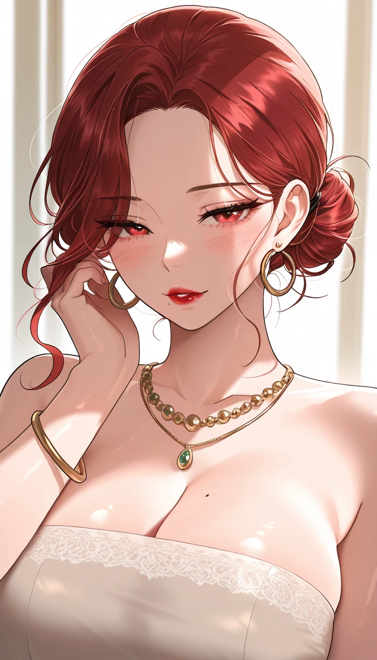 score_9, score_8_up, score_7_up, score_6_up, score_5_up, score_4_up, yu hee, gold eyes, red curly hair, large breasts, hanfu, bare shoulders, necklace,drop dangle earrings,long earrings,red lipstick , detailed eyes ,bare legs,hair bun,