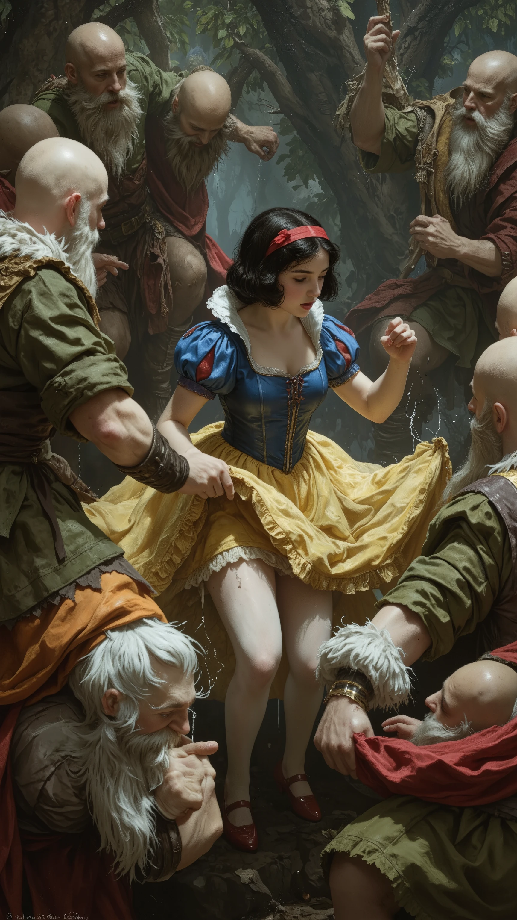 Snow White is left deep in the forest and captured by savage dwarves,
((NSFW)),
rmbt,
18th century,
1 girl, 7 guys,
Young Snow White,
Black bob hair with red ribbon,
Blue bodice and yellow mini skirt with white tights and red patent leather shoes,
Snow White is frightened,
Snow White is attacked by savage dwarves,
(The dwarves' goal is to rape Snow White),
Snow White desperately tries to escape from the dwarves,
The dwarves' hands reach out to Snow White and tear her dress,