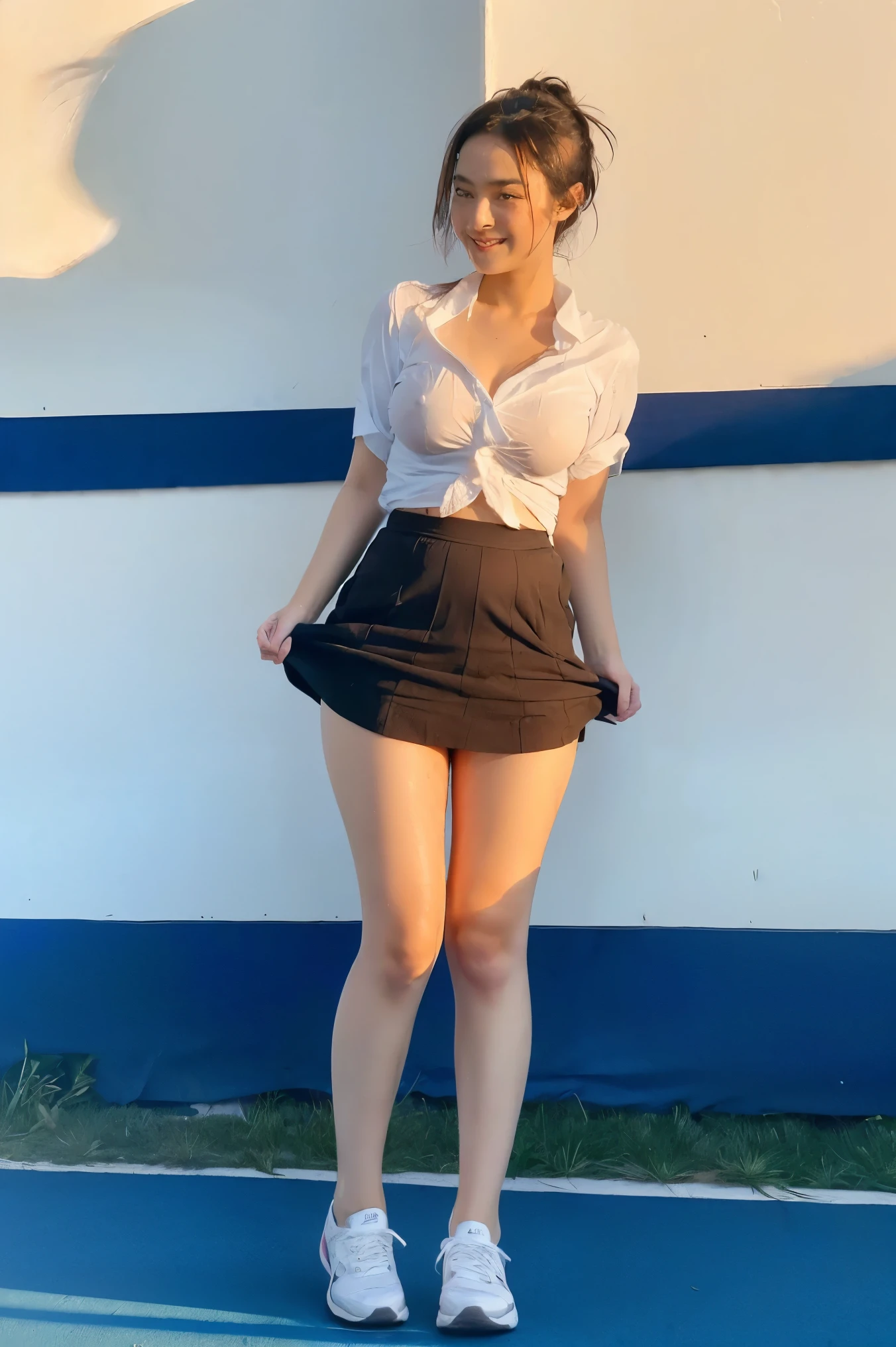 A photo of a pretty, conservative woman, 30 years old, fit and busty, beautiful thighs, wearing a short plaid skirt, (conservative attire) teaching mathematics. Natural sunlight.
