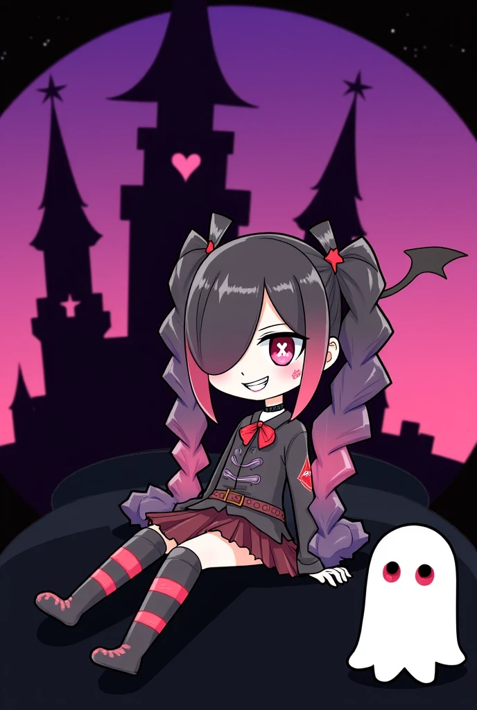 castle, loli, necromancer, ghost, icon, shy, evil smiling, grinning, sitting, looking at viewer, high twintails, hair over one eye, curly hair, multicolored hair, gradient hair, pink hair, black hair, red hair, purple hair, with heart-shaped irises, with cross-shaped irises, pink eyes, with heart-shaped eyes, with crazy eyes, pale skin, slim, gothic lolita, hair ribbon, piercing, choker, gloves, thighhighs, belt, ribbon, with a tattoo, with a bandage, beauty mark, with devil wings on back, gradient black background, gradient purple background, gradient pink background, with a castle, with a ghost, at midnight