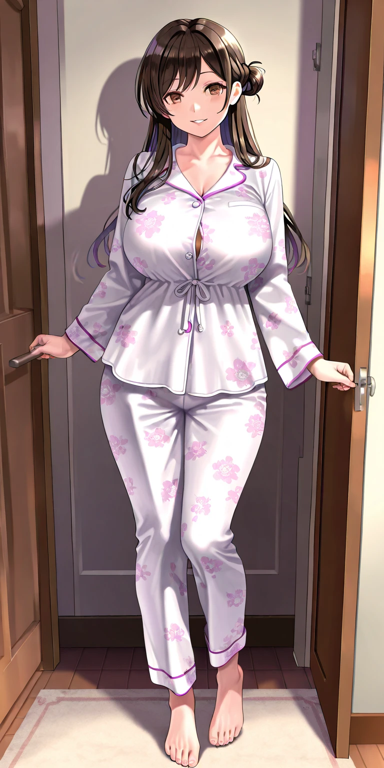 woman sex, in tight-button pajamas, breasts also medium , thick thighs, in lace panties