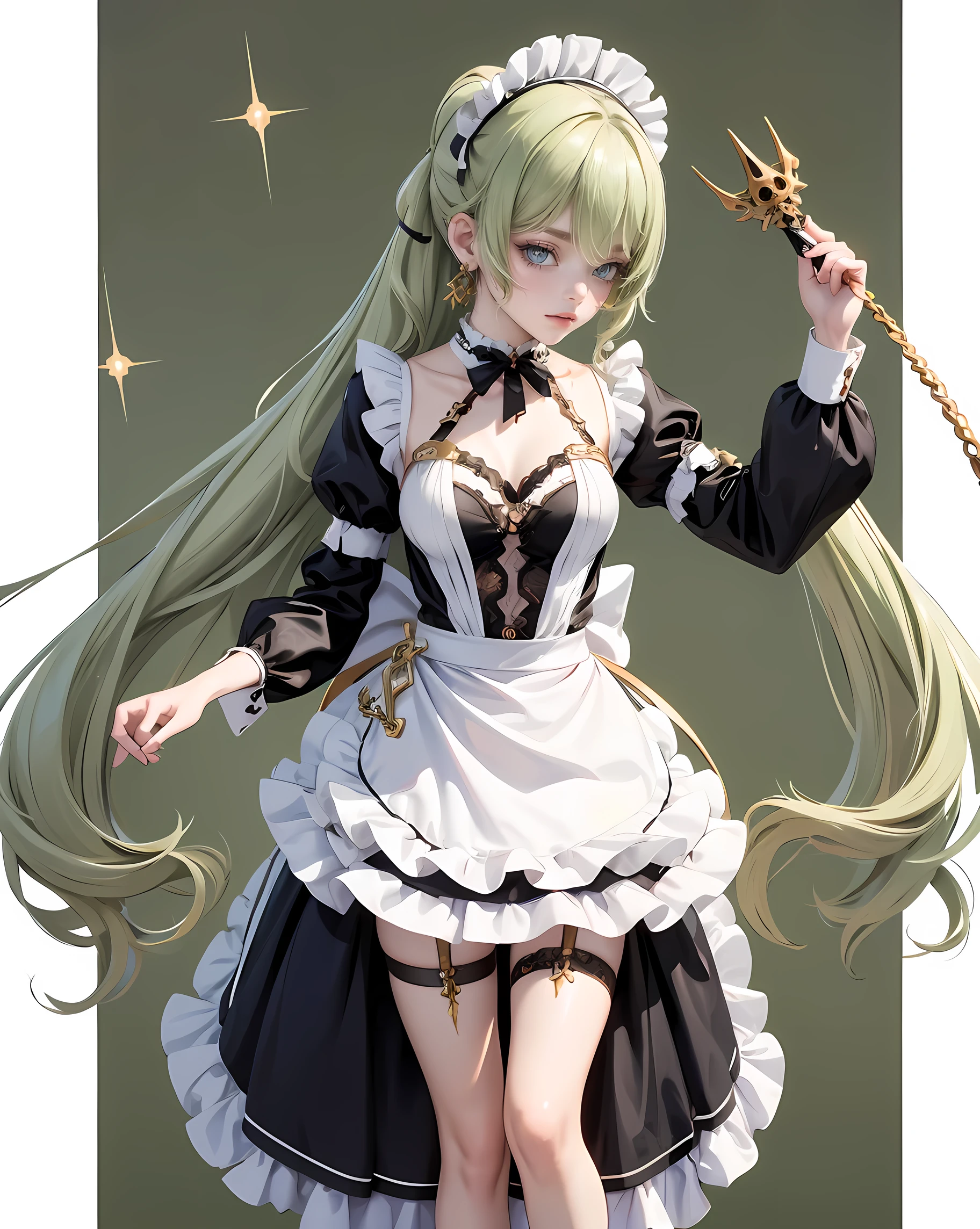1girl, green hair, harness, black dress, solo, symmetrical gloves, high socks, ponytail, ahoge, glow eyes, harness, maid dress, collarbone, garter on the legs, stand up, white apron, maid dress, maid, streaked hair, thigh gap, harness, very long hair, solid background, maid uniform, full body, too many frills in her dress, magical girl, perfectly body, gold jewelry, harness, jewelry, Cute pose, beautiful ponytail, with big lips, freckles, glow eyes, long hair with long ponytail hair and bangs, perfect body, perfect hands, white boots, boots, frills, harness, maid uniform, maid dress, maid uniform, maid apron, garter on the legs, small skirt, lux dress, gold jewelry, solid background, best quality, blushing, maid uniform, maid headdress, maid dress with too many frills, ponytail, short skirt, sparkle, harness, centered girls, stand up, full body, glowing hair, magical girl, sparkles, more details on her clothes, golden details on her dress, harness, maid uniform