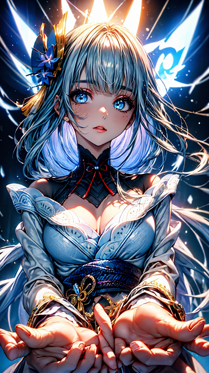 (Ultra-delicate), (Be focused), (high resolution), (((Silver hair with gradient stripes and light blue tail))), Cute beauty face, Fine facial textures, ((Light blue eyes)), thin eyebrows, long upper eyelashes, Double eyelids, Upper Eye, (super detailed eyes), Sexy lips, lip details, White skin, Delicate skin, Deformed depth of field blurred background, (Detailed background), Perfect layer cut, (full-body shot/Cowboy shooting/side view), wallpaper, Shimmer, complicated, familiar, (Onmyoji), particle, constellation, Stardust, Pentagram, ((Talisman)), mysterious, peaceful, Japan, Black, White Kimono, Fortune Telling, time and space, incantations, Yin Yang Liao, Artistic, 8k