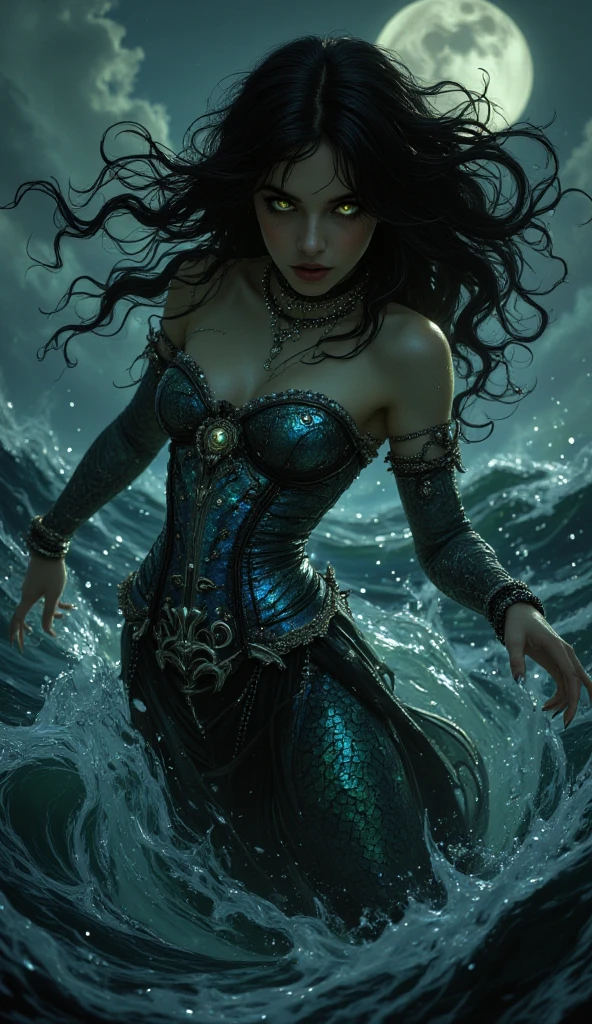 ( high quality , super detailed, handle carefully with hands )Zodiac - Goddess of Sagittarius , Similar to Latin goodness . Optimistic, be fair-minded, funny and intelligent face . recklessness, Ruthless, impatient, overconfident style . dark blue eyes (eye details) , frizzy deep blue hair , transparent dress , In the sea with stars , whole body , fire makeup look , Chiron God