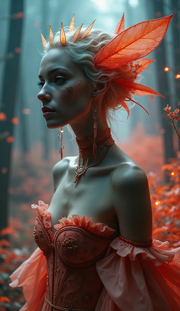 
Unusual, original fine art photograph. Warm, slightly dark, soft professional style. A stitch in the expanse of time, hurtling down into a void of eternal universe and the vast, endless future into the year 9033. Vintage daguerrotype, retro-futurism, neo-humanism, monotone pastels, massive glitter, High contrast, low key lighting. Earth tones, faded pastels, otherworldly botany/animals/fashion, UV reactive neon. Alternate reality, haute couture x street fashion. Subject: mythical, literary and faerie tale subjects of earth and otherworldly origins dressed in real current fashions based on haute couture fashion week designers and costume set designers and literary masterpieces, current trends, vintage nostalgia. Deep shadows, dramatic effect, mystical feeling. Influenced by: Natalie Shau, Roger Haus, Guillermo del Toro, Scott Radke, Jim Henson. Solo, Looking at viewer, 
