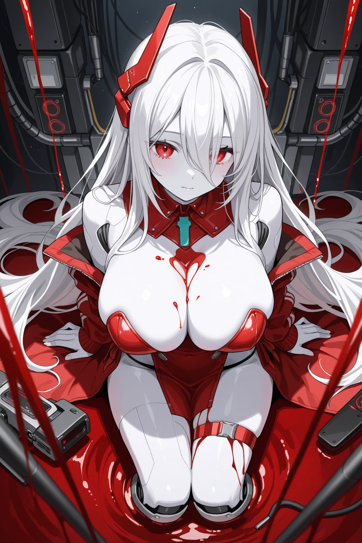 Blonde girl with long hair, White pupil, Red cheeks, Sweating all over, Very shy, Ragged and, Dressed in tattered white silk, A legendary warrior, Lying on the bed of the lustful devil