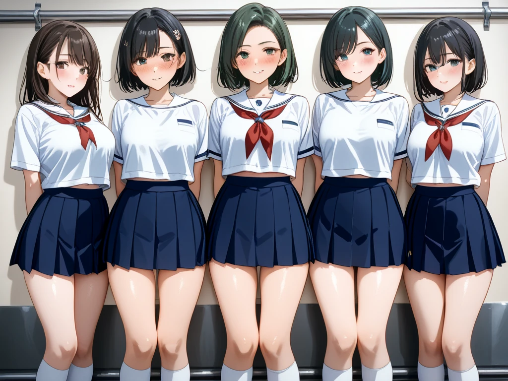 Crowded train Group of high school girls with black hair lined up in a