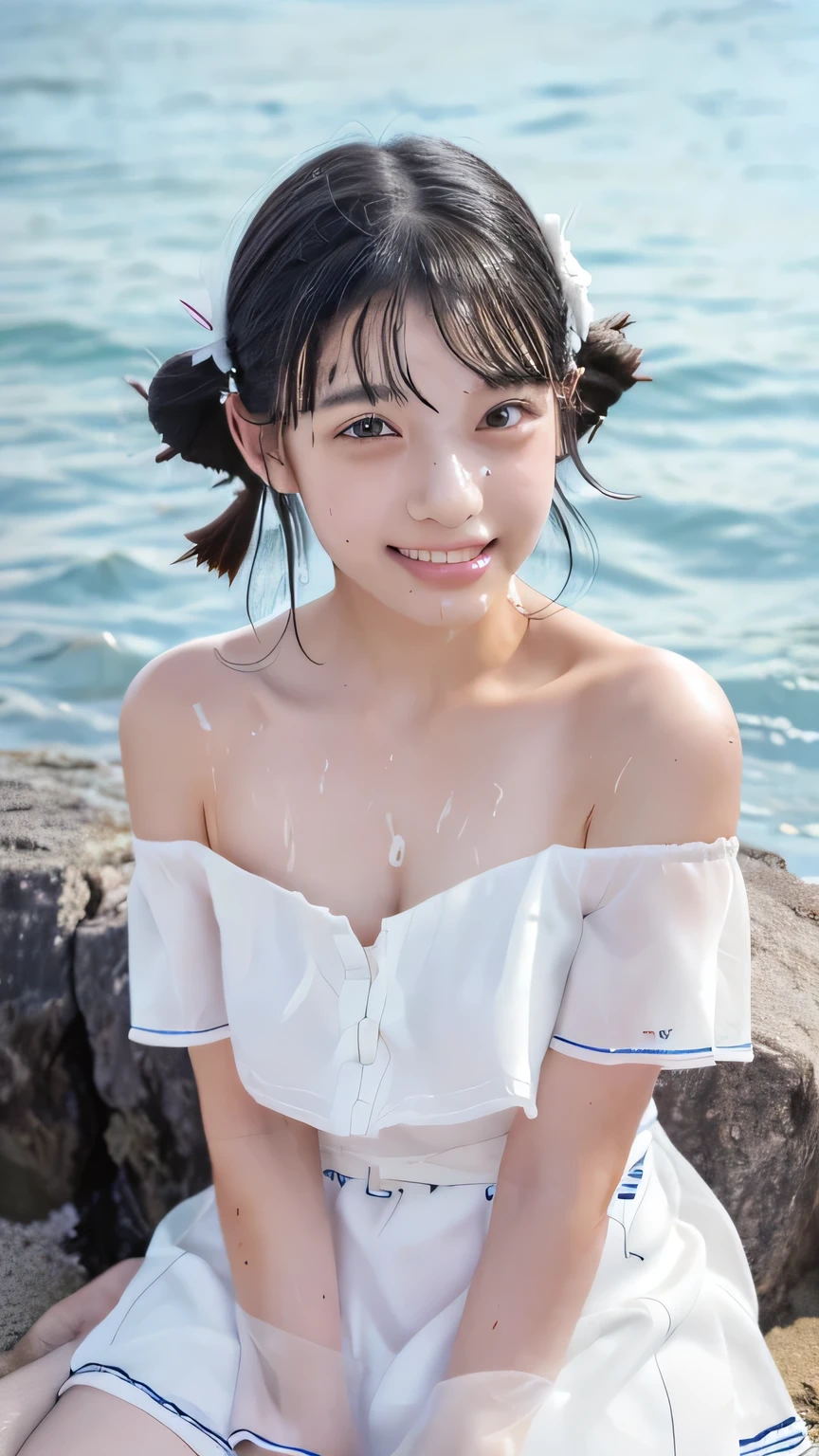 (1 girl, alone,  Japanese Girls), ,best quality, table top, 8k, high resolution, very well detailed, ( portrait), think, black hair, short hair, hair clips,   shiny skin, flat chest, smile, ( middle school students:1.5, uniform,  white off-the-shoulder sexy dress:1.5), summer, blue sky, thunder head, ocean,Wet Shirts、( your face is covered with semen:1.9、Cum Covered Hair:1.2)、  belly at 10 months pregnant、is standing、maritime、white skin、ahe face、In the Hawaiian ocean、lies down、White teeth、((V-shaped open chest :1.6、Loose chest:1.6、Semen dripping in the cleavage:1.0))、wet clothes、sheer dress、