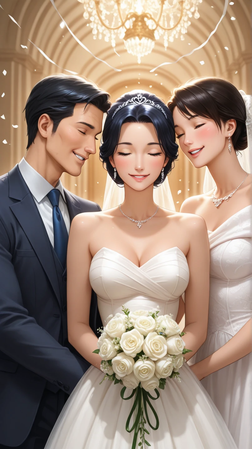 masterpiece , modern, Verism, masterpiece, super detail, best quality, 4K ,(((head shot))),Male and female couple standing side by side,a woman,Wedding dress, a man ,tuxedo,church,wedding,Happy atmosphere, People who bless those around, Blurred background,Hyperrealistic
