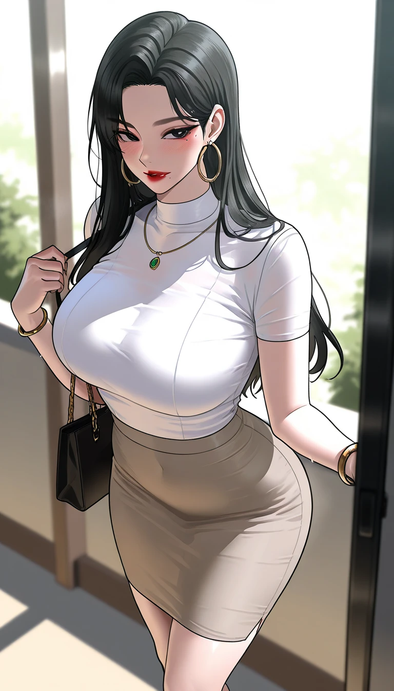 A beautiful woman, giant breast, white tshirt, thick long black hair, skirt, diningroom