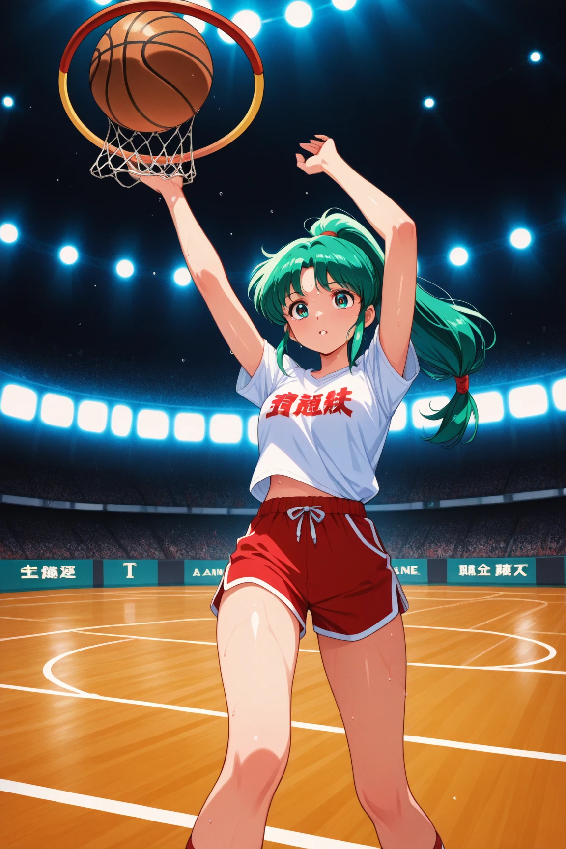 illustration|Professional basketball court,There is a ball in the middle,On the left is a basketball, On the right is a football,The person on the left holds a basketball,Kick a soccer ball with your right leg。Fiery confrontation,Optimal image quality,(hentail realism, Realistis:1.37), Professional lighting, Light on the face
