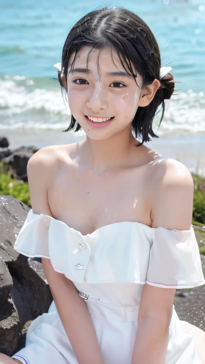 (1 girl, alone, Japanese Girls), ,best quality, table top, 8k, high resolution, very well detailed, ( portrait), think, black hair, short hair, hair clips, shiny skin, flat chest, smile, ( middle school students:1.5, uniform, white off-the-shoulder sexy dress:1.5), summer, blue sky, thunder head, ocean,Wet Shirts、( your face is covered with semen:1.9、Cum Covered Hair:1.2)、 belly at 10 months pregnant、is standing、maritime、white skin、ahe face、In the Hawaiian ocean、lies down、White teeth、((V-shaped open chest :1.6、Loose chest:1.6、Semen dripping in the cleavage:1.0))、wet clothes、sheer dress、