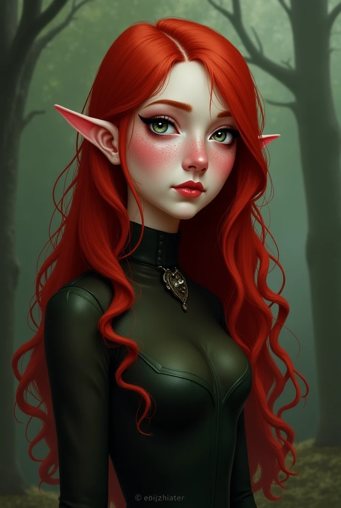 A beautiful demon woman with long red hair and green eyes