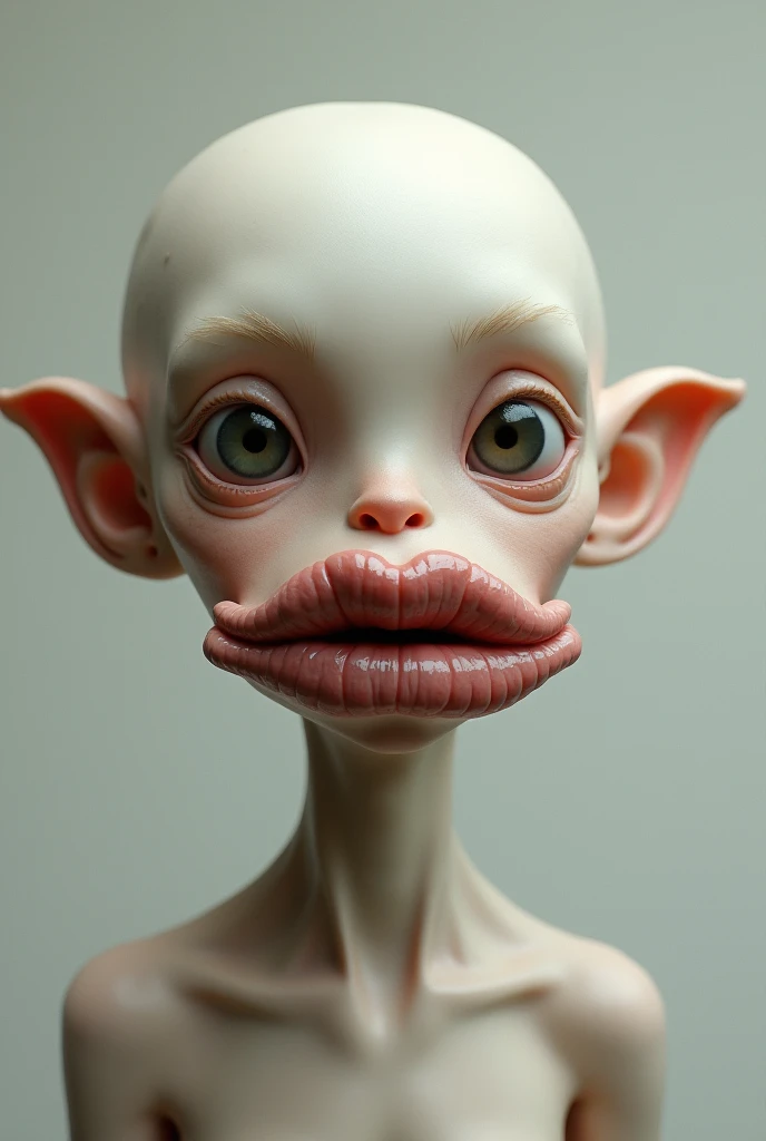 photorealistic sexy white girl, wearing bald sweaty goblin girl mask with green skin, blush, and freckles, and fangs, and braces, and long pointy teeth, she's completely naked with perky breasts. she has very prominent sternocleidomastoids and collar bones. her mouth is agape. she looks scared and disturbed and disgusted. her goblin mask is green and covers her entire head and neck