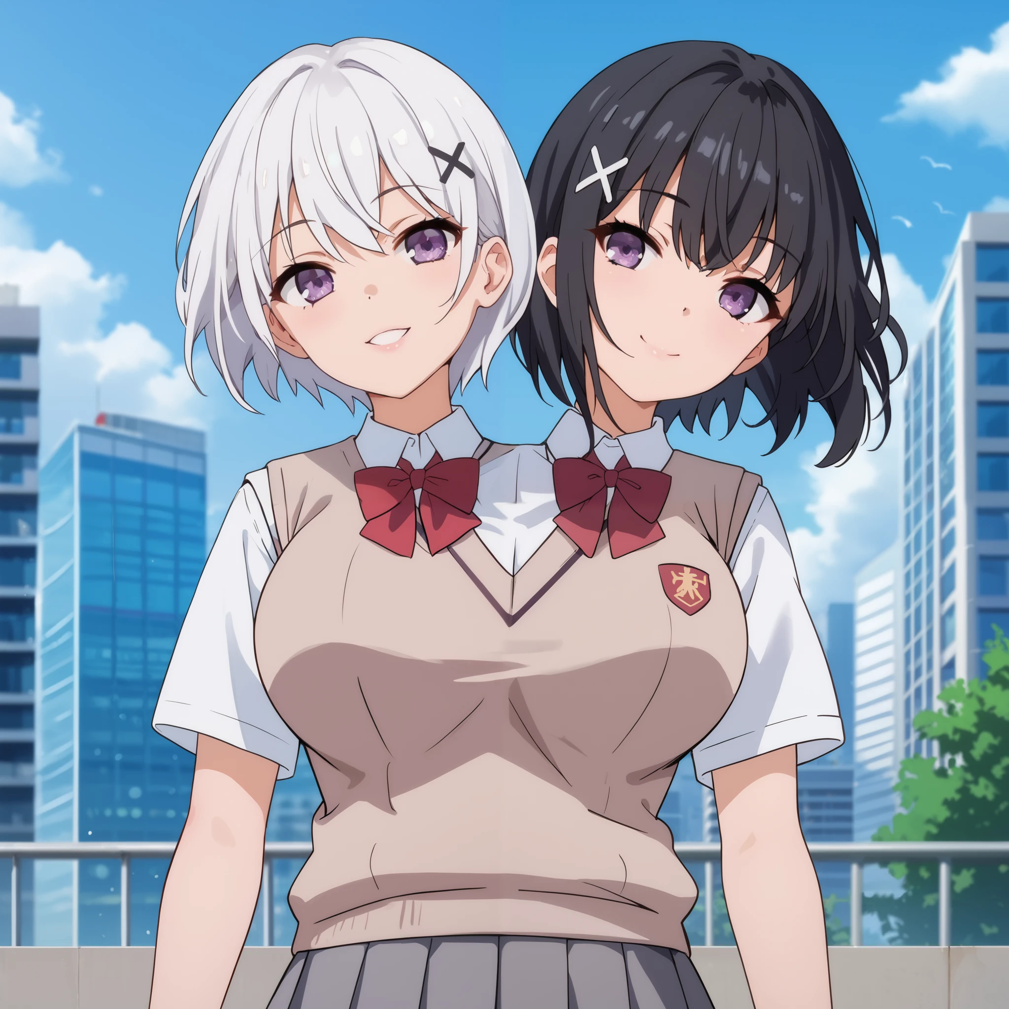 conjoined, 2girls, 2heads, two heads, a tall thin girls with 2 heads, x hair ornament, white hair, black hair, short hair, purple eyes, large breasts, front shots, skirt, shirt, school uniform, white shirt, short sleeves, pleated skirt, grey skirt, sweater vest, tokiwadai school uniform, city