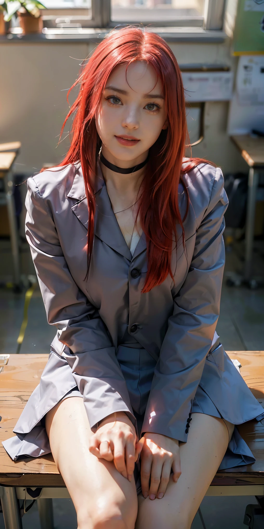 ((8k, Fotos RAW, High quality, masterpieces ), photos in high definition RAW of professional colors close up, (realista, Photorealism: 1.37), (Highest quality), (best shadows), (best illustrations), clavicles ((Grande)), ((erotic, Sensual, Ultra High Resolution, unified 8K CG high definition wallpapers, physics-based rendering, Movie Lighting), (aegyo sal:1), 18 year old girl, (gray blazer, ribbon, meias, high school uniform: 1.2), high school classroom, beautiful eye detail, light on the face, ((plano geral: 1.2)), especially strong light, (superior eyes, wide smile:1.2),glowing skin, (((RED HAIR, Cabelo Bob:1.2))), ( thick thighs), ulzzang-6500-v1.1:0.2, shy, (flash:1.2), nsfw , (inchado), (( seductive posture : 1.2, atraente: 1.2)), (parado), ( Sitting at a desk in the classroom : 1.2)), ((good anatomy: 1.2)), (( bright and refreshing classroom , blurry background: 1.2)), perfect face, rosto fofo, (high angle photo:1.2), red eyes, red eye color, copos