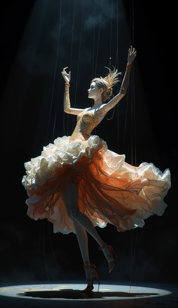 Mechanical Puppet, aesthetic, Cute, sparkling female ballerina puppet on strings at a Russian theatre. Highly detailed, photorealistic, 8k resolution. Intricate details, HDR, beautifully shot, hyperrealistic, sharp focus,  megapixels, perfect composition, high contrast, cinematic, moody. graffiti art, splash art, street art, spray paint, oil gouache melting, acrylic, high contrast, colorful polychromatic, intricate mech details, ground level shot, 8K resolution, Cinema 4D, Behance HD, polished 