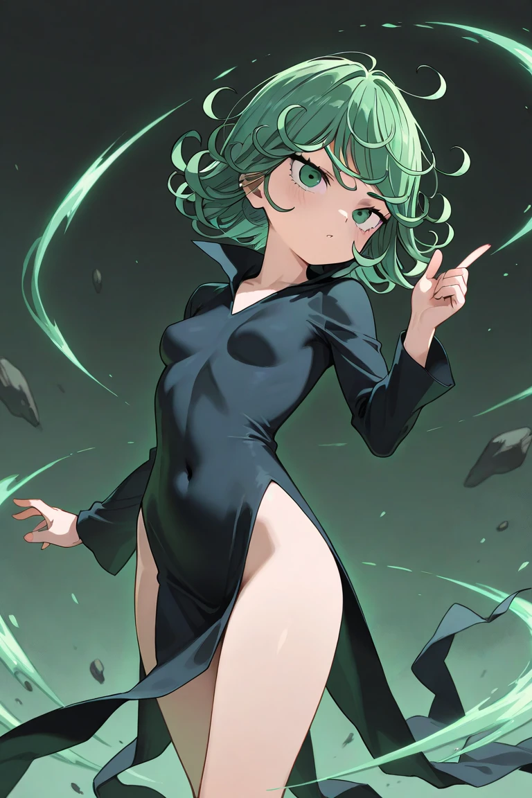 Masterpece, high quality, 1girl, tatsumaki one punch man, green hair, churly hair, green eyes, black wear, black clothes, fullbody, Sexy hentai art, realistic, detail, 8k