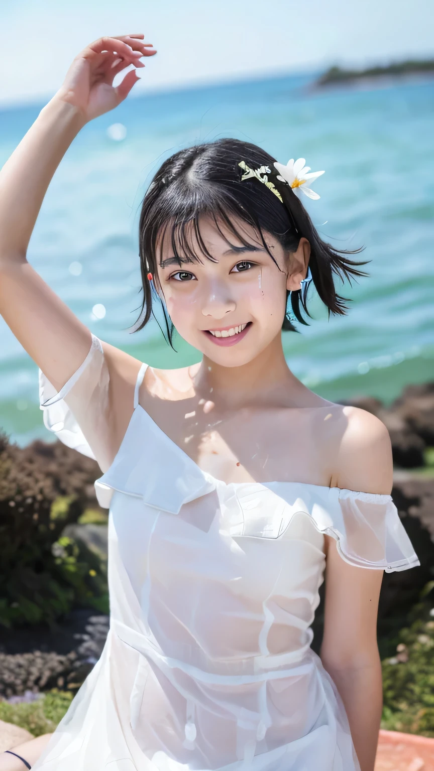 (1 girl, alone, Japanese Girls), ,best quality, table top, 8k, high resolution, very well detailed, ( portrait), think, black hair, short hair, hair clips, shiny skin, flat , smile, ( middle school students:1.5, uniform, white off-the-shoulder see-through dress:1.5), summer, blue sky, thunder head, ocean,Wet Shirts、( your face is covered with :1.9、 Covered Hair:1.2)、 belly at 10 months pregnant、is standing、maritime、white skin、ahe face、In the Hawaiian ocean、lies down、White teeth、((V-shaped open :1.6、Loose :1.6、 dripping in the cleavage:1.0))、wet clothes、sheer dress、