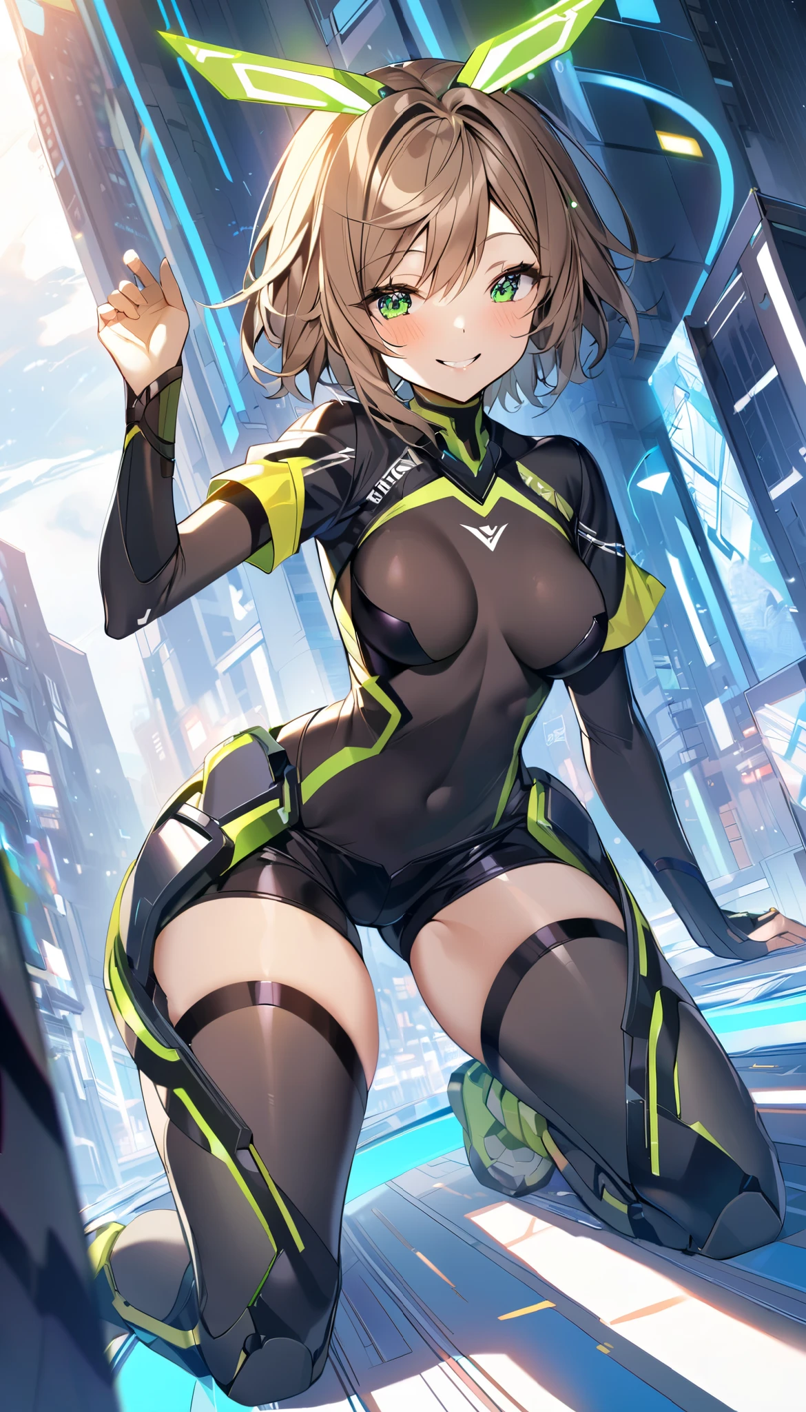 1teen_girl, kneeling with one hands on the ground  solo, short hair, brown hair, short sleeves, (latex_bodysuit), robot ears, green eyes, short sleeves, short over long sleeves, bare_thighs,smile, in futuristic city, , high quality, medium_breasts,crotch, slouch,groin,dynamic_angle,open_legs,spread_legs,