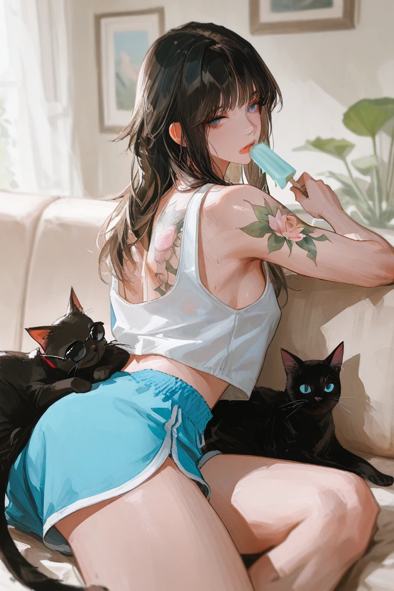 young girl, short blonde hair, turquoise eyes, Smile, cat ears, Black Top, black shorts, green jacket, open belly, zipper, Masterpiece, hiquality, 4k, HD, Good detail