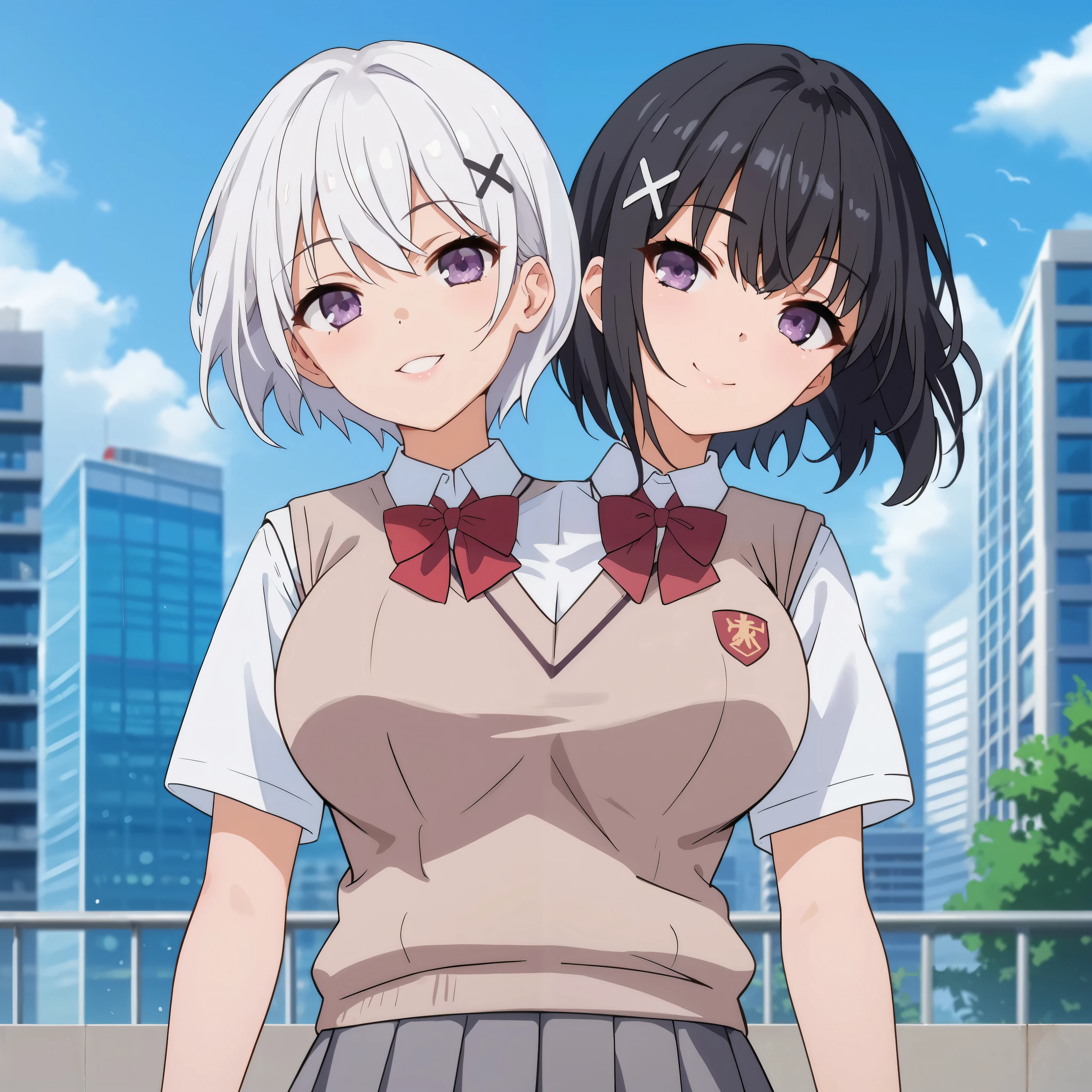 conjoined, 2girls, 2heads, two heads, a tall thin girls with 2 heads, x hair ornament, white hair, black hair, short hair, purple eyes, large breasts, front shots, skirt, shirt, school uniform, white shirt, short sleeves, pleated skirt, grey skirt, sweater vest, tokiwadai school uniform, city