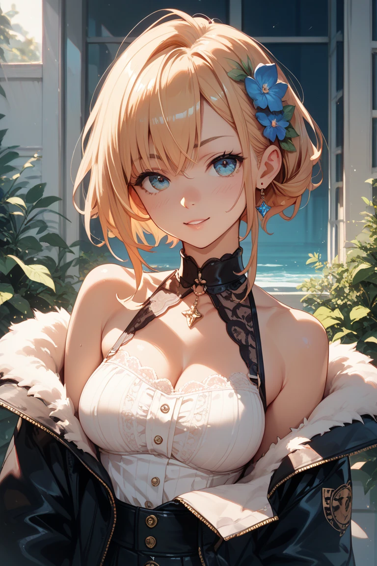 ayaka, (masterpiece:1.2), (highest quality:1.2),, Curvy but slender body, perfect eyes, perfect face, perfect lighting, 1 girl, in the garden, (The whole body is visible),(walking),(knitted sweater),(cute gesture),(smile),(ponytail),curly hair, Fine clothes, Detailed outdoor background, compensate, eye shadow, thick eyelashes, fantasy, looking at the viewer, whole body, blue sky、Bright and very beautiful face、young shiny glossy white shiny skin、the best beauty、The most beautiful bright blonde hair in the world、thin hair、short hair、Shining beautiful bangs、Glowing crystal clear big blue eyes、Very beautiful lovely 17 year old most beautiful girl in the world, no bra, close up until hips, cleavage, no bra, moderate breast