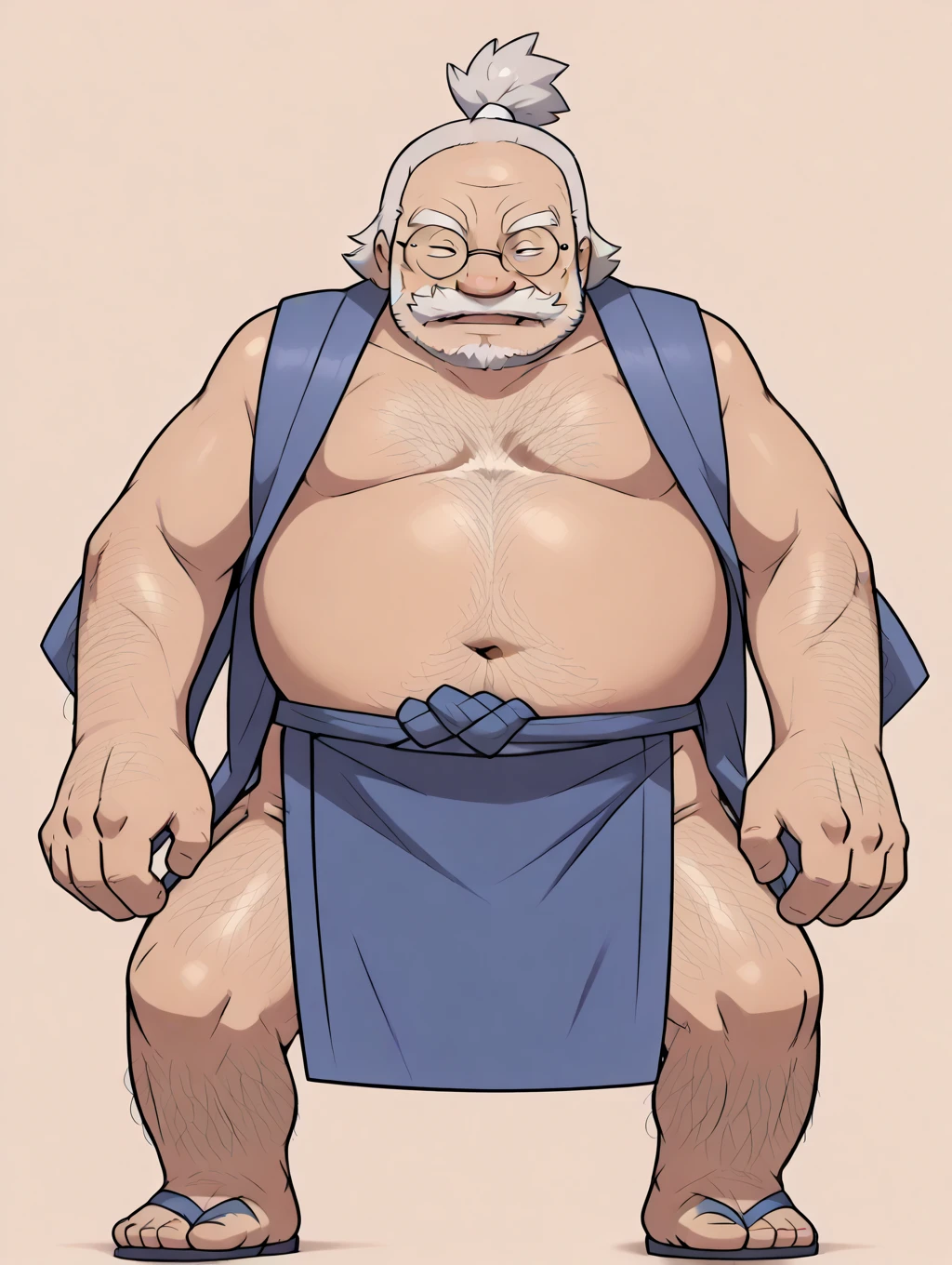 character, old man, Many wrinkles, brown hair tied up, Skinny body, imposing, dangling earring on her ear, totally black eyes, short beard, bushy eyebrows, cigar in his mouth, scar on his shoulder, wide wool trousers, white ribbons on her waist, white staff, anime, 4k, White background