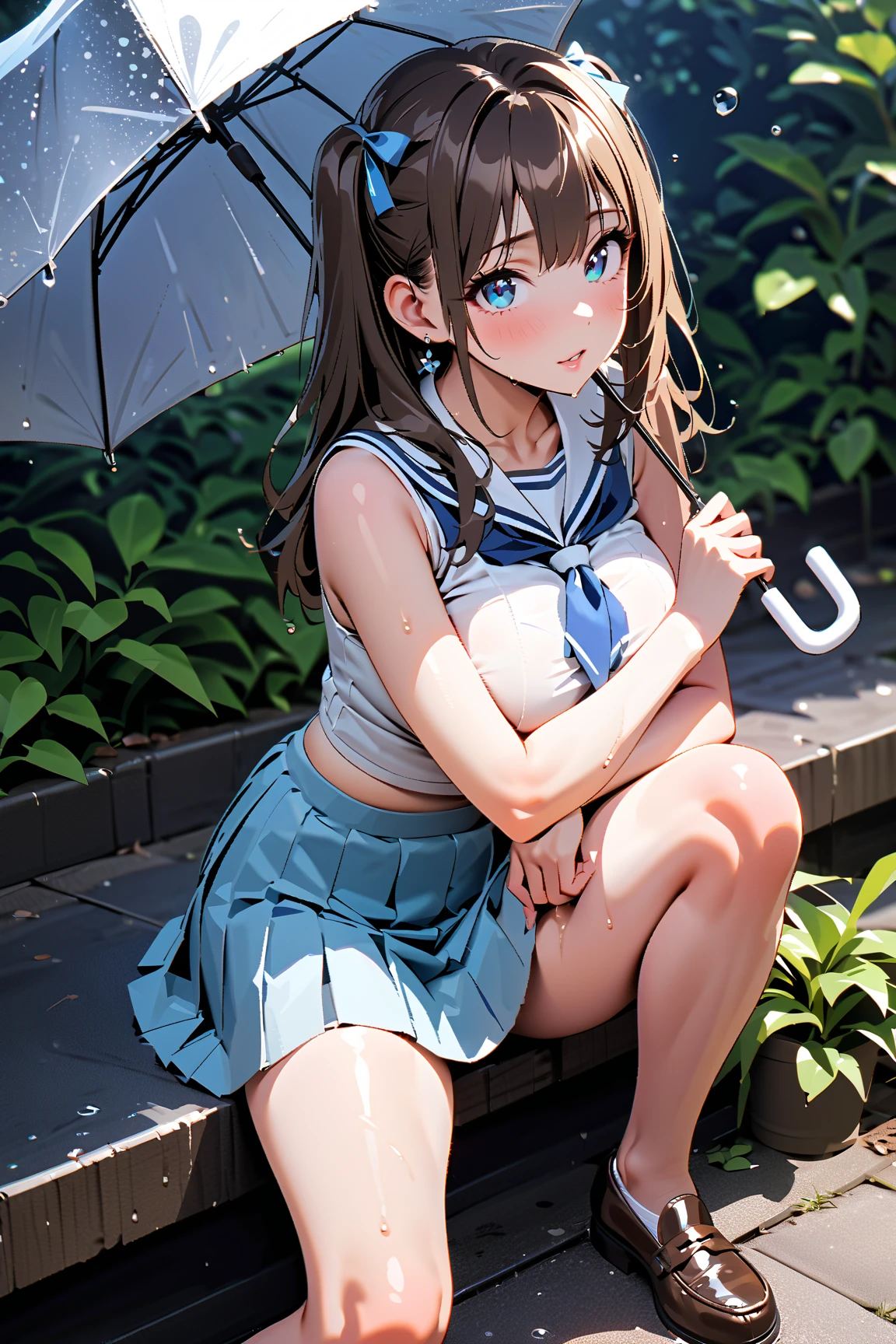 (masutepiece, Best Quality:1.37), hight resolution, Ultra-detailed, ultra-sharp, BREAK, (From below:1.2), 1girl in, , (((1girl in:1.37, Solo))), (Beautiful Anime Face, Cute face, Detailed face), (Brown hair, Thin hair, Short hair, Bangs, hime-cut), Detailed beautiful cyan eyes, (((Sateen))), (((Wet in the rain))), Sailor Hileg Bikini, high-school uniform, White blouses, a navel, crouching down, a park, a miniskirt, White underwear