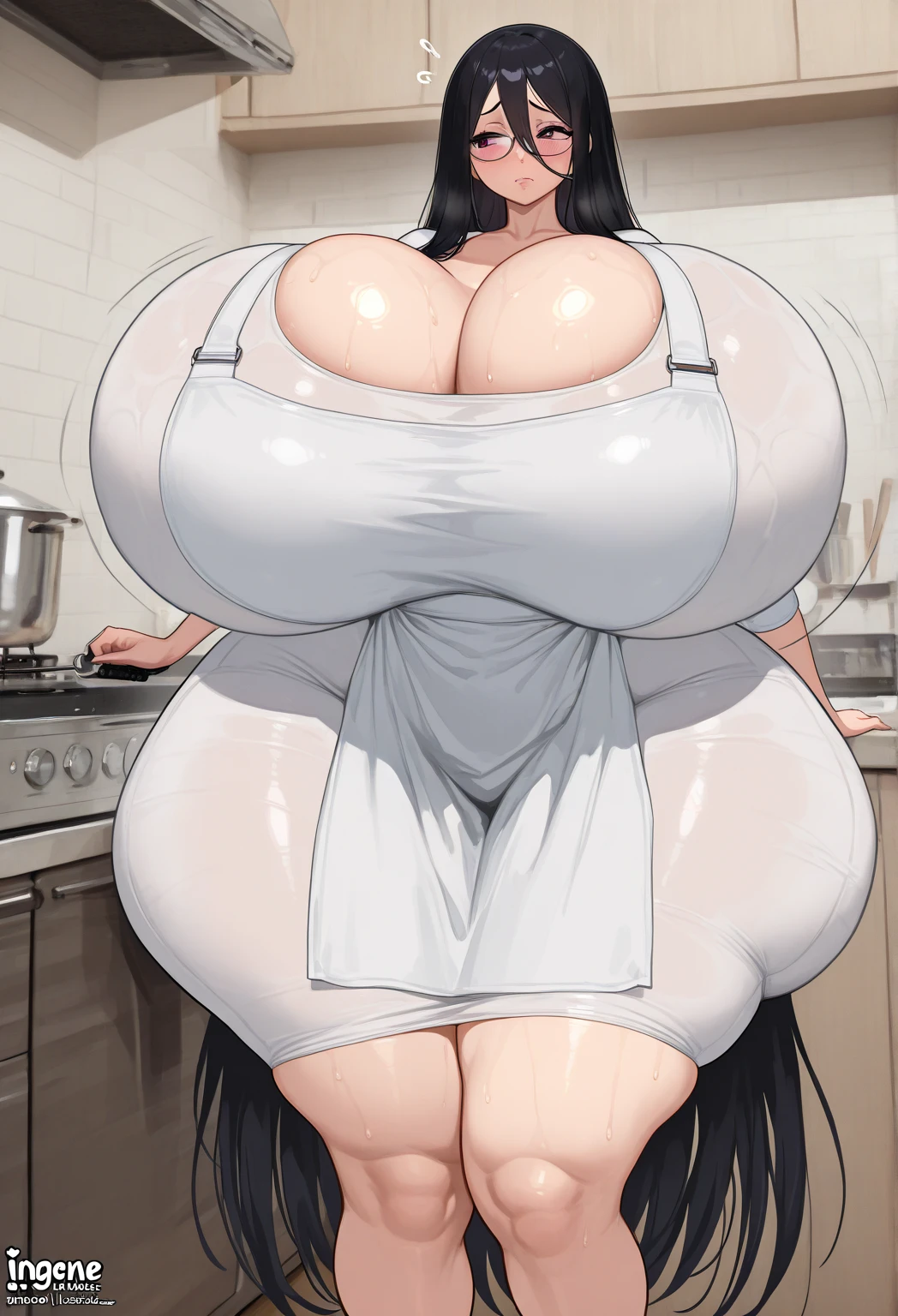 (masterpiece, best quality, highres, detailed, realistic:1.2), young japanese woman, maid, taking orders, (gigantic breasts:1.9), (bursting breasts:1.6), (detailed face, beautiful face), (ashamed expression:1.2), maid outfit, blushing, sad, skinny, busy maid cafe, fringe, holding trays