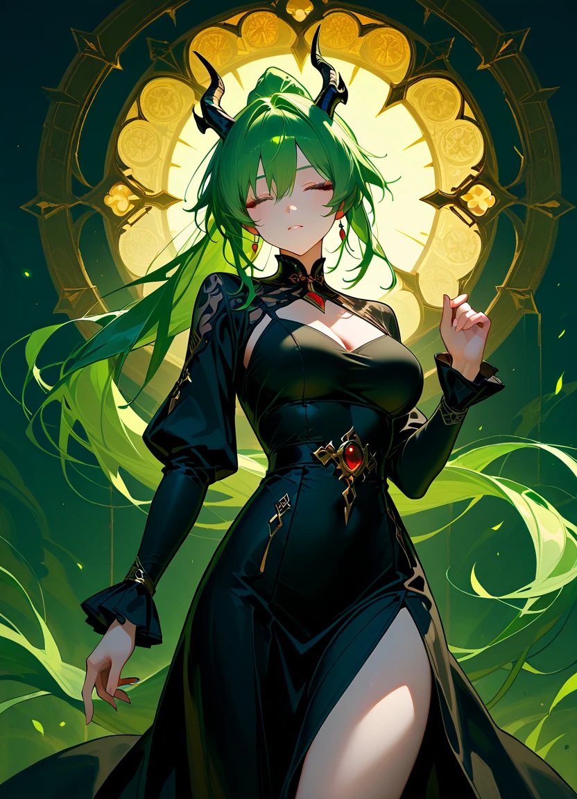 Beautiful demon girl, unusual bright eyes, hypnotizing eyes, unusual pupils, unusual shape of eyes, silk, blacker lighting, incredibly beautiful, Soft light, dressed in silk, Lots of details, full-length, Neon green Hair, Bright Hair, Silk dress, a lot of flowing fabric