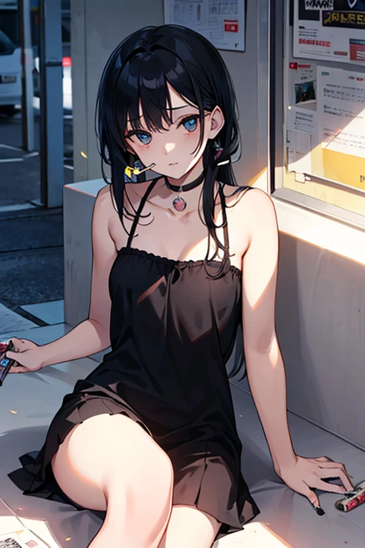 whole body, solo, alone, delicate facial features, medium tits, medium hair, black hair, tearful mole, earring, t-shirt, tank top, Hot Pants,