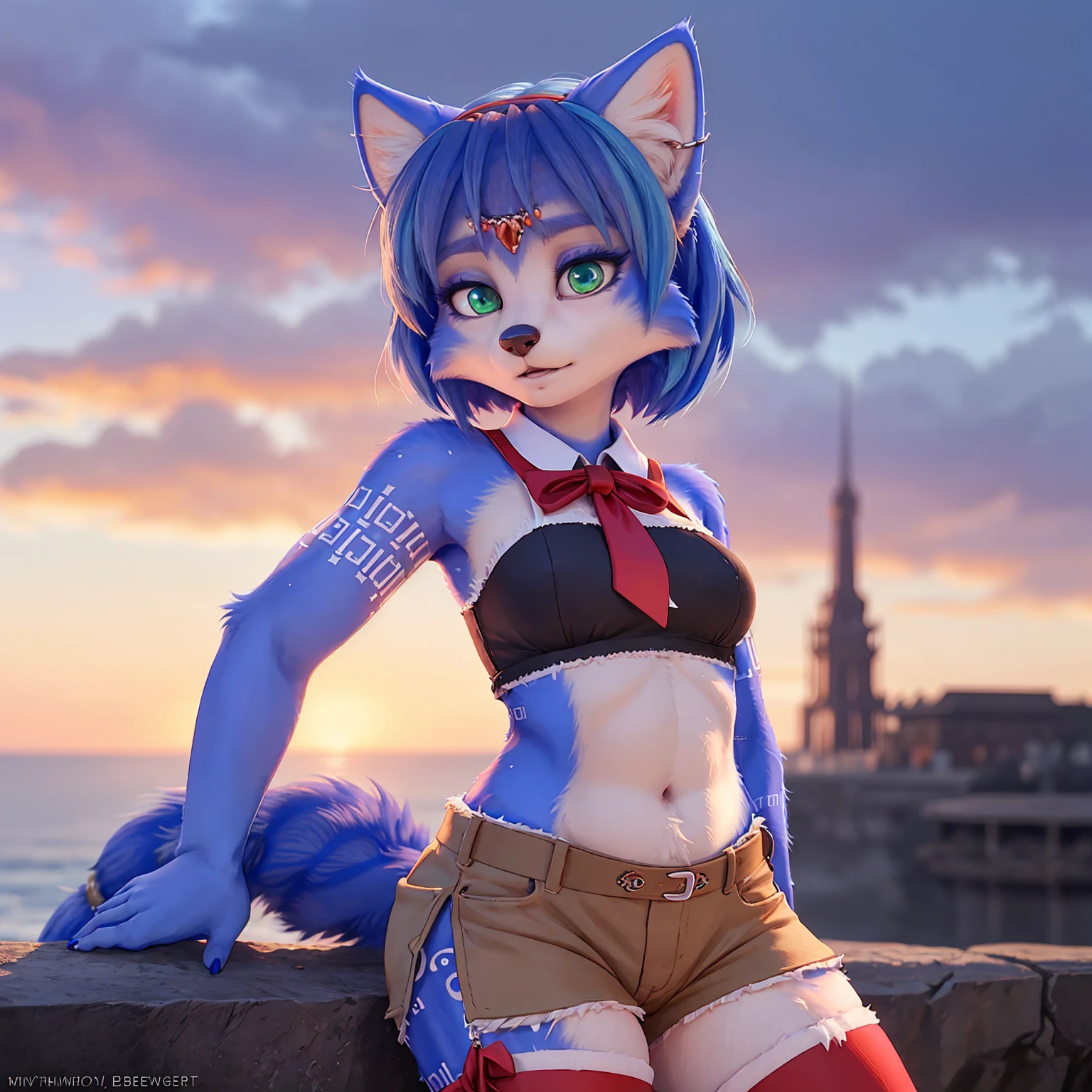 A beautiful and detailed (sweet portrait) wa ((Krystal)), Star Fox Krystal, sslim, lovable, green eyes, medium breasts, (((Long blue hair 1.3))), Decollete, anthro, furry, Uploaded E621, detailed fluffy fur, (wa Fluff-Kevlar, Bayard Wu, Personalami, Pino Daeni), detailed face, (fluffy), 1 girl, alone, sweet girl,