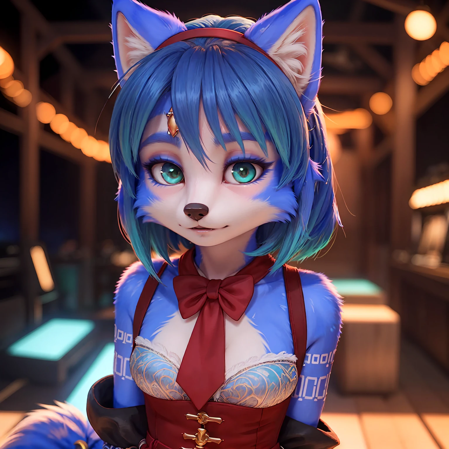 A beautiful and detailed (cute portrait) wa ((krystal)), Star Fox krystal, sslim, lovable, green eyes, medium breasts, (((Long blue hair 1.3))), Decollete, anthro, furry, Uploaded E621, detailed fluffy fur, (wa Fluff-Kevlar, Bayard Wu, Pino Daeni), detailed face, (fluffy), 1 girl, alone, sweet girl, centered, Award-winning photo, (Viewers look at:1.2), | smile, lucy_Heartfilia, | | blush, contrasted, bokeh, depth of field, Film composition,
