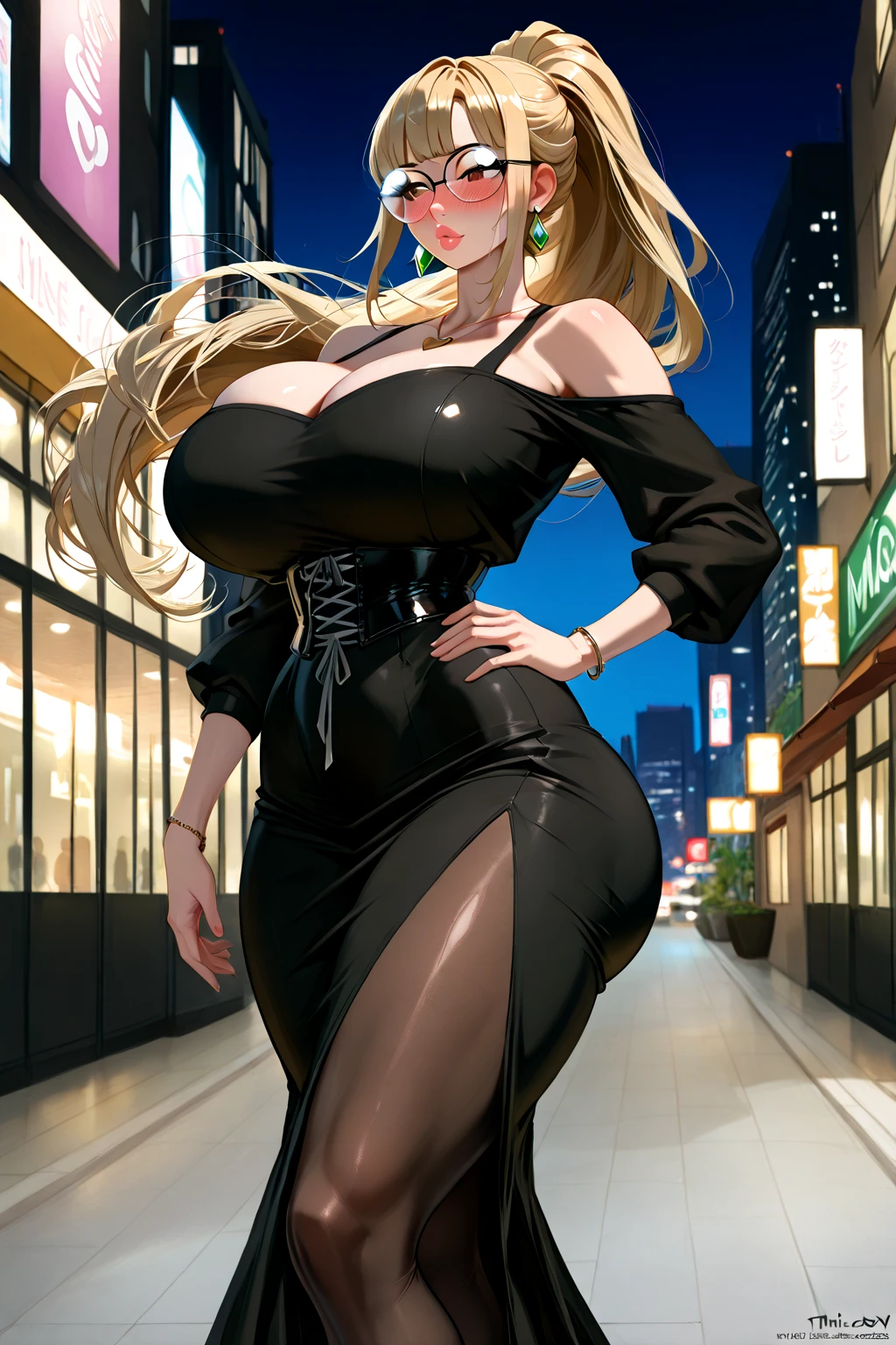 Ryouna_(Senran Kagura), heterchromia, beautiful girl with fair skin, blonde hair, wearing a lustrous black dress that highlights her wide hips, wide shoulders, and big breasts, cleavage, and big ass. She is wearing open-toe heels with red painted toenails and nails. She is a tall girl standing in a crowd, with an ethereal, score_10, ballad-like atmosphere, in a 2.5D style.
