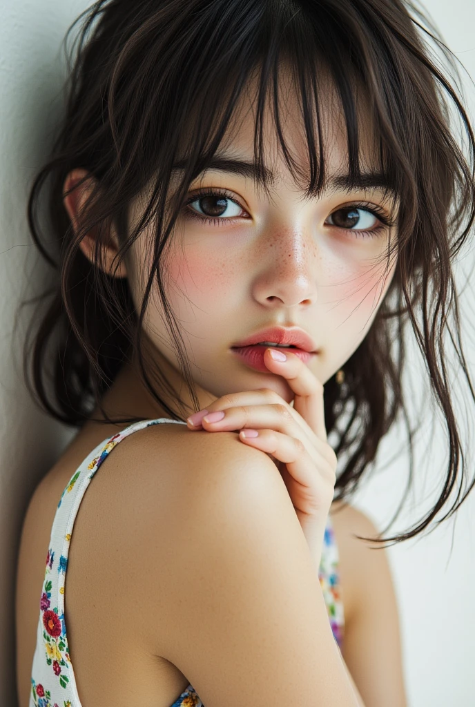 (8k, RAW Photos, Highest quality, High resolution:1.1), (Ultra-realistic:1.4), (Realistic, Realistic:1.3), (Simple Background, Dull Blue Background:1.4), full body, (whole body), beautiful girl, (sportsy swimwear:1.2), ((brown eyes)), (18 year old teenage girl), light brown hair color, (big tits:1.2), (complete closed mouth:1.4), lips, realistic, (slim face), ((skinny)), charming, pink lipstick, colorful makeup, long eyelashes, wearing eyeliner, fair skin, (cute), (detailed face), detailed eyes, detailed iris,