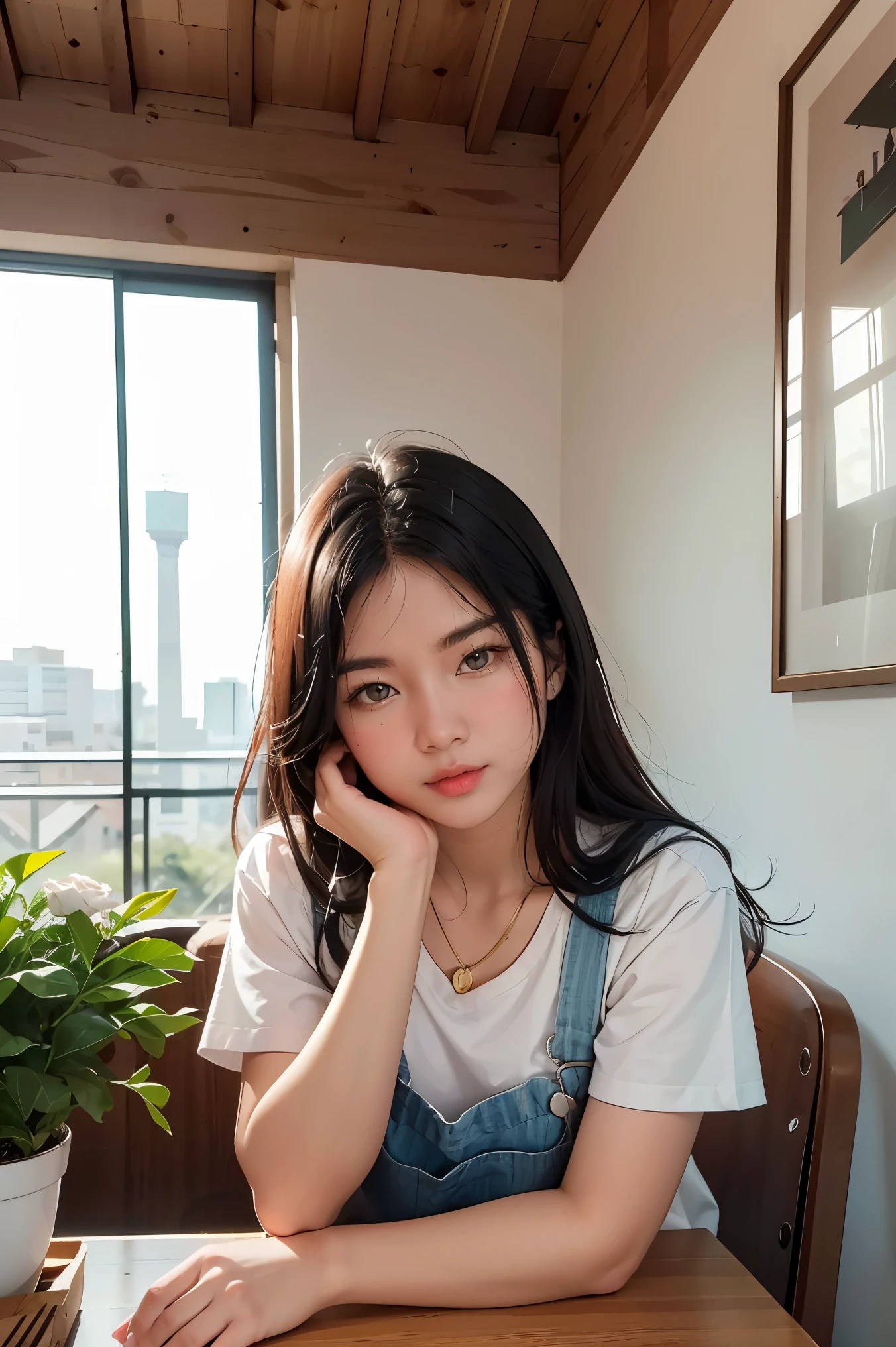 masterpiece,best quality,masterpiece,best quality,official art,extremely detailed CG unity 8k wallpaper,Slight retro color,riso print style,illustration,cute,1girl,Flowers,Windowsill,flowerpot,Drink coffee,.