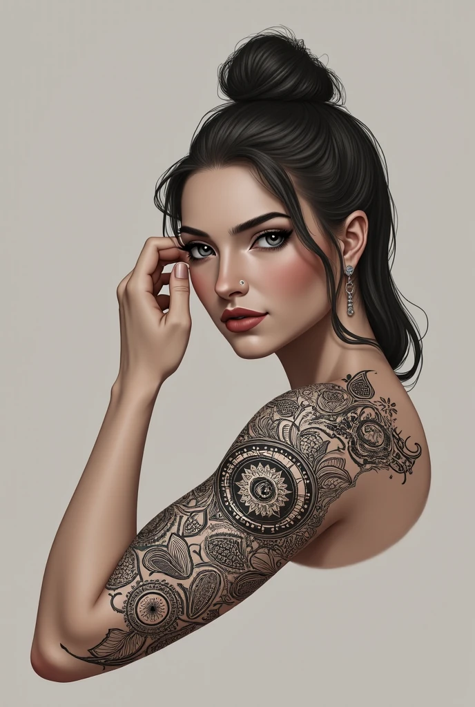 woman with a hat and tattoos on her chest, airbrush digital art, hint of nipple