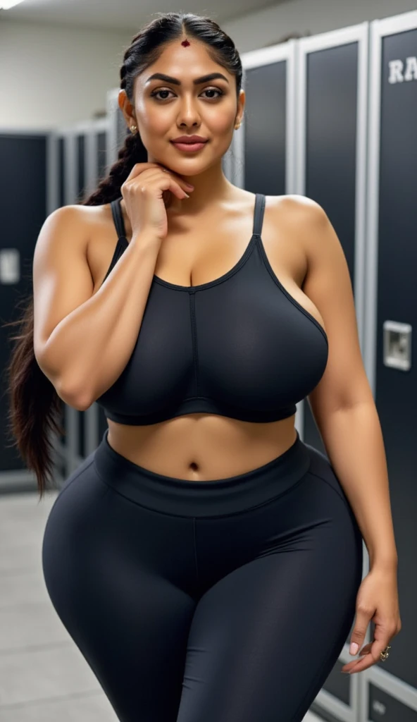 Jovem mulher com seios enorme, vestindo roupa esportiva, Sentada em um banco, ((ebony skin)), corpo fitness, bela garota, Slim body, cabelo grande, Mulher baixa, coxas grandes, asian face, curly hair size, corpo tonificado, dark girl,