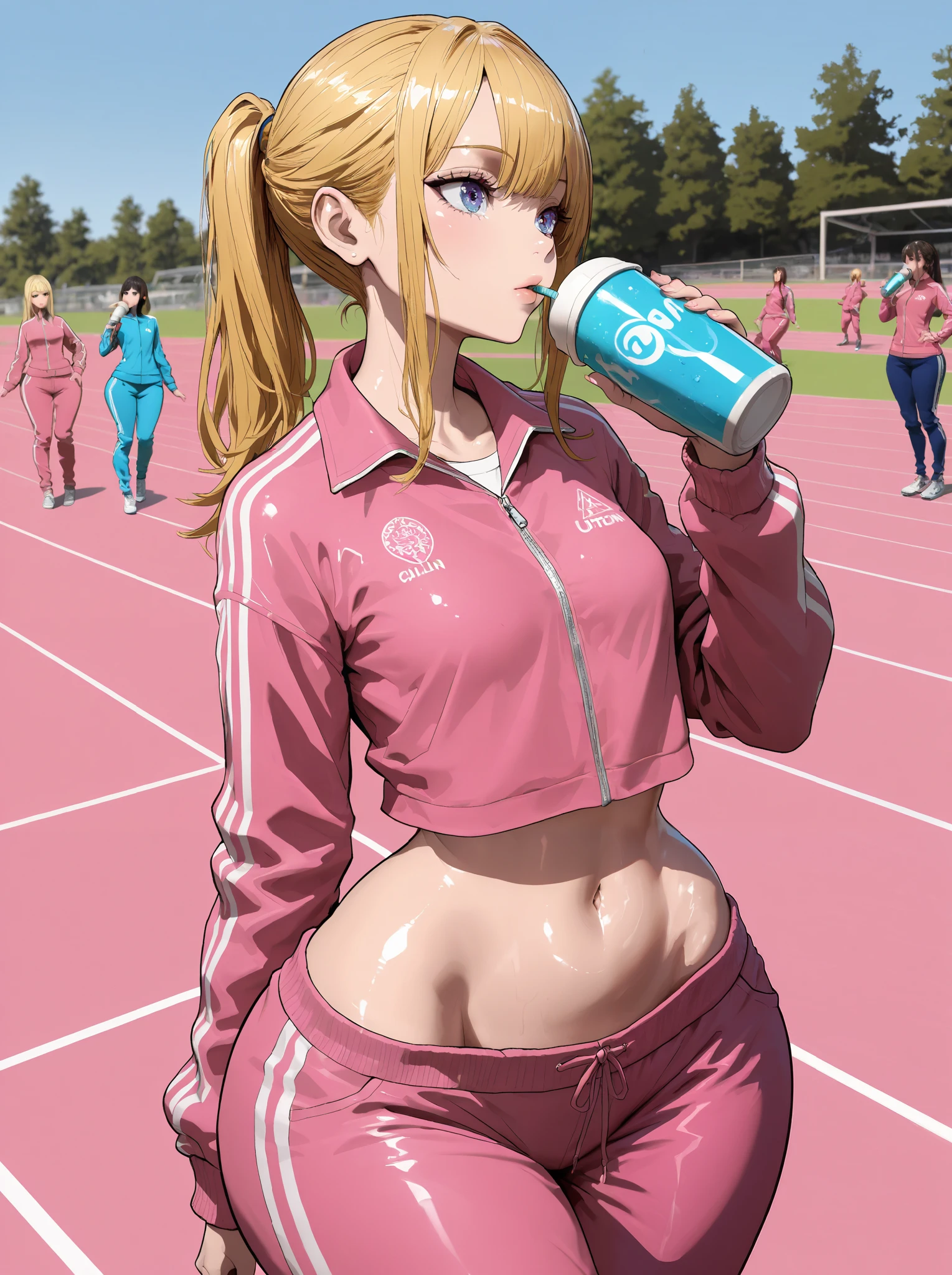 background masterpiece , better quality ,, pretty face,fair skin, Shiny hair , ultra detailed eyes ,drinking, small breasts,(wide hips:1.5),pink tracksuit , pink top, navel,blonde,Exuberant,sportsman,Chillon colors